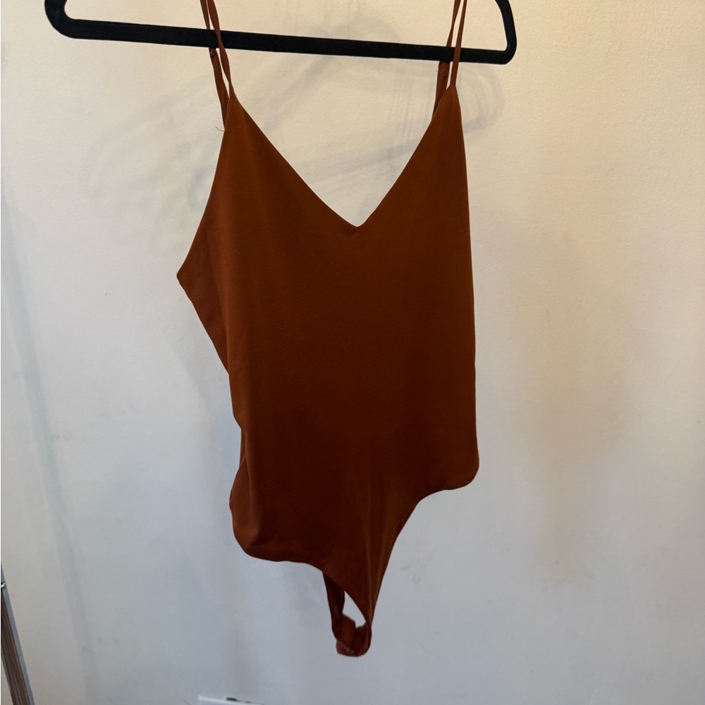Women's V-Neck Rust Brown Bodysuit - Sleeveless Strappy Style